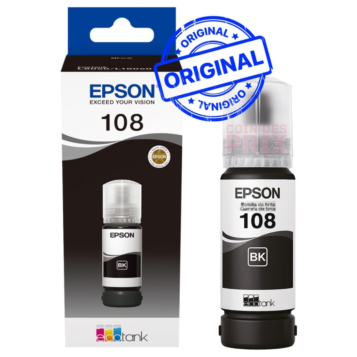 Epson 108 Noir – Bouteille d’encre Epson EcoTank d’origine (C13T09C14A)