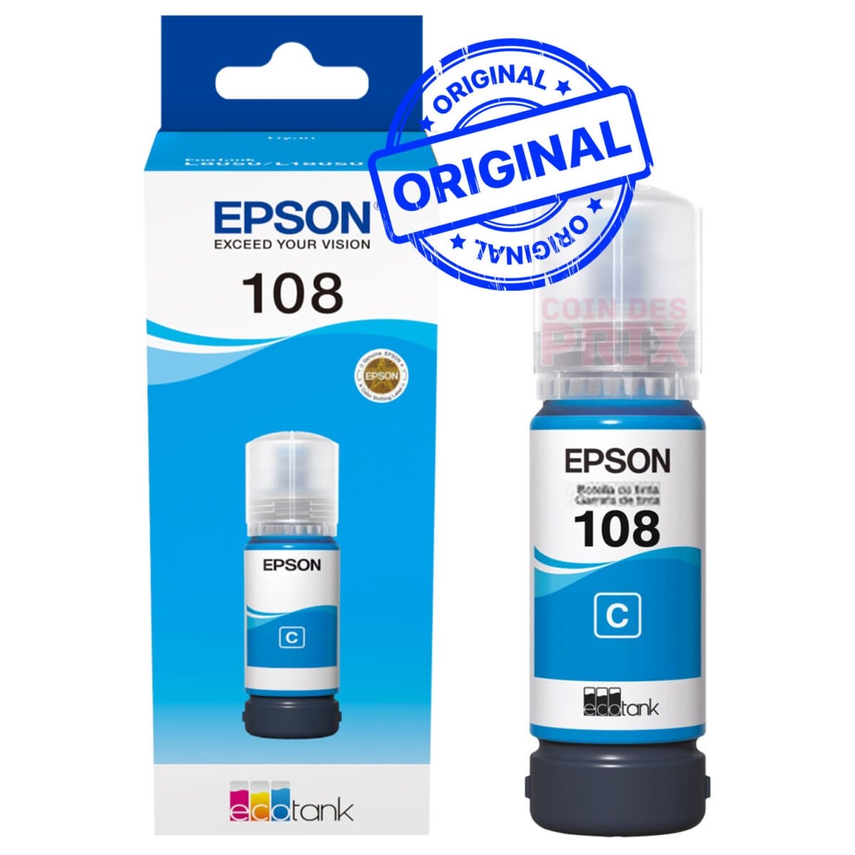 Epson 108 Cyan – Bouteille d’encre Epson EcoTank d’origine (C13T09C24A)